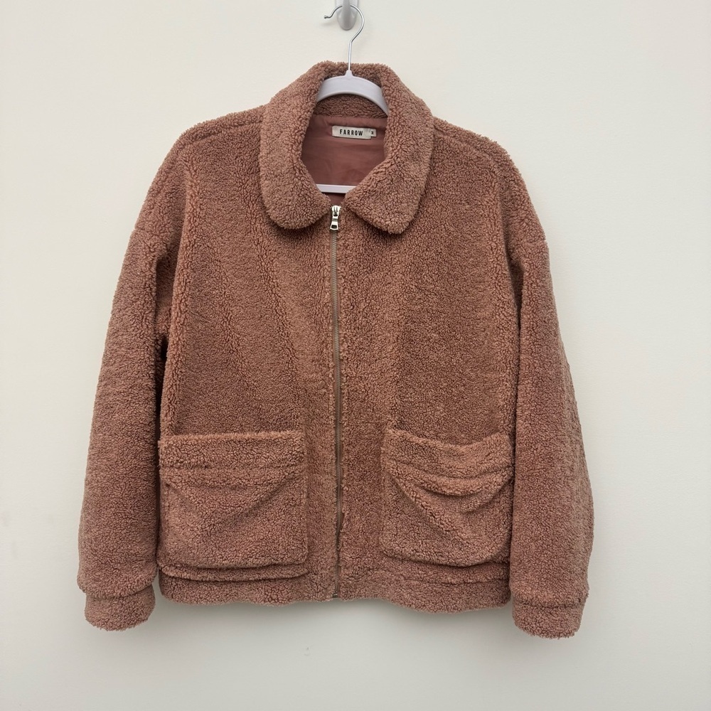 FARROW Teddy Sherpa Sweater Cardigan Coat Pink Rose Brown Tan Size M - Picture 2 of 13